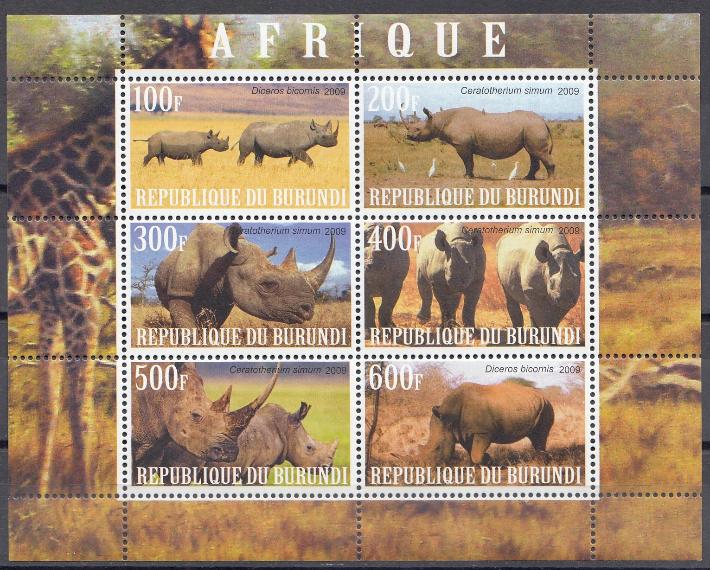 Фауна. Республика Бурунди 2009 год. Африканские носороги.