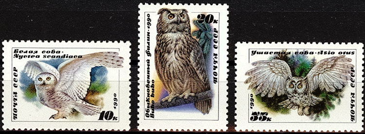 6119-6121. СССР 1990 год. Совы