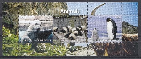 Фауна. Республика Джибути 2011 год. Белый медведь. Бамбуковый медведь. Пингвины.