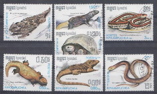 Рептилии, змеи,  черепахи. 1987 год. Кампучия.