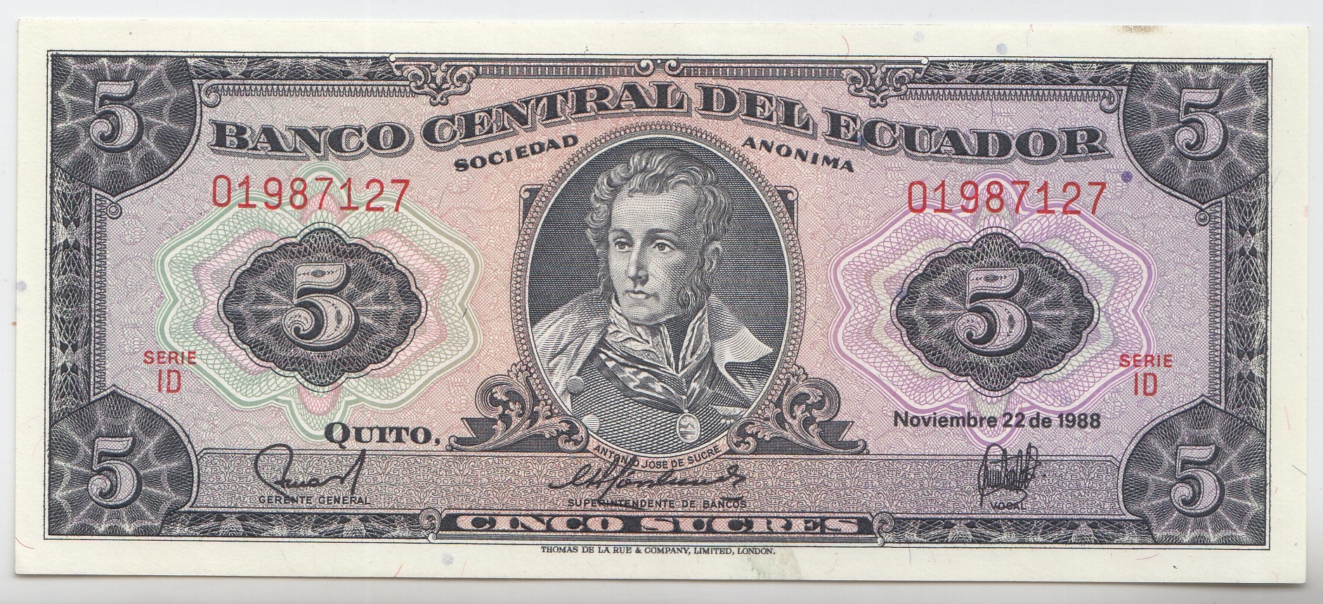 5 сукре 1988 год. Эквадор.