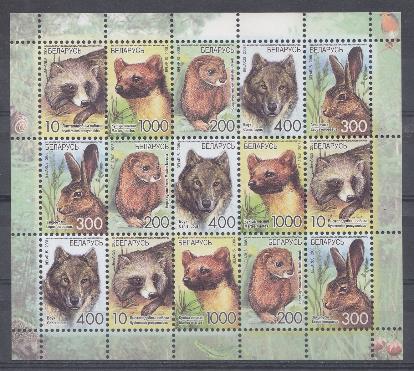 Фауна. 2008 год. Беларусь. Заяц, волк, енотовидная собака, куница, норка. 