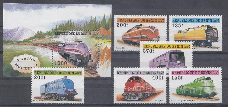 Железная дорога. Локомотивы 20 века.Республика Бенин 1997 год.