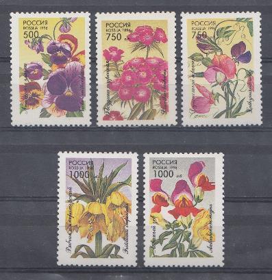 К. № 261-265. Россия 1996 год. Флора. Декоративные растения скверов, содов и парков.