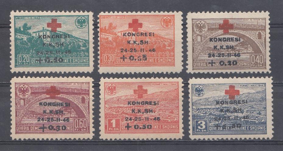Албания 1946 год. Mich № 385- 390. Надпечатка. Конгресс Красный крест.  