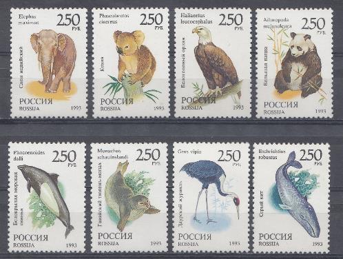  130-137. Россия 1993 год. Мировая фауна. Слон. Коала. Тюлень. Панда. Журавль. Серый кит.
