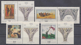402-405. 4 марки с купонами. Россия 1997  год. 100 лет Государственному Русскому музею. Борис и Глеб. икона XIV века. И.Е. Репин. М.З.Шагал. Б.М. Кустодиев. 